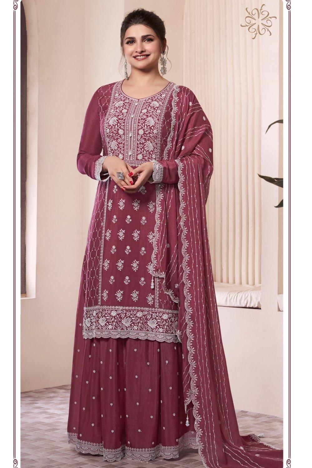 Burgundy Chinnon Silk Women Unstitched Sharara Suit With Embroidered Dupatta