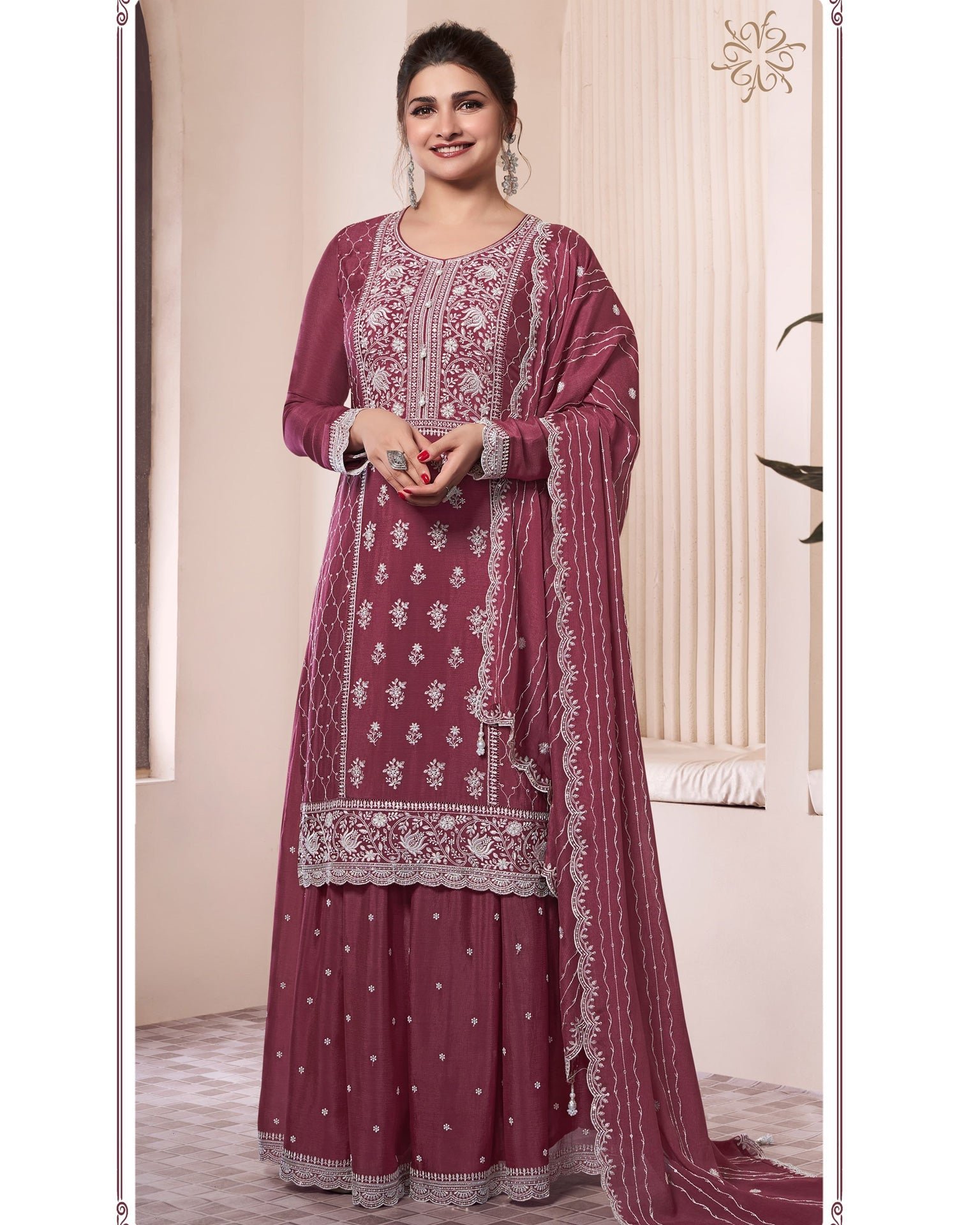 Burgundy Chinnon Silk Women Unstitched Sharara Suit With Embroidered Dupatta