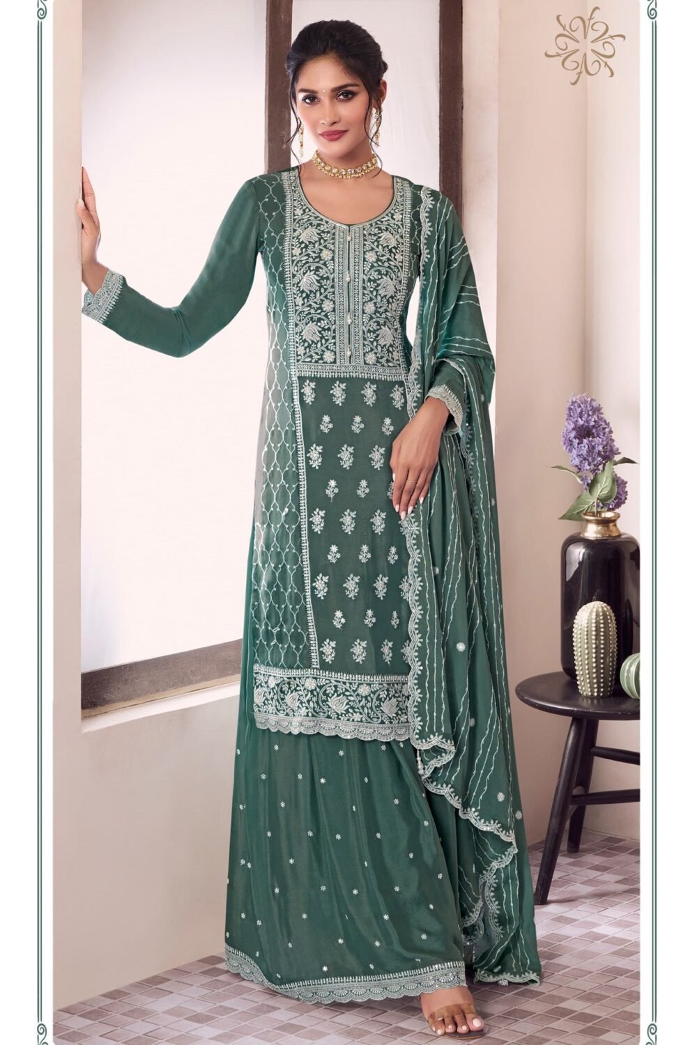 Green Chinnon Silk Women Unstitched Sharara Suit With Embroidered Dupatta
