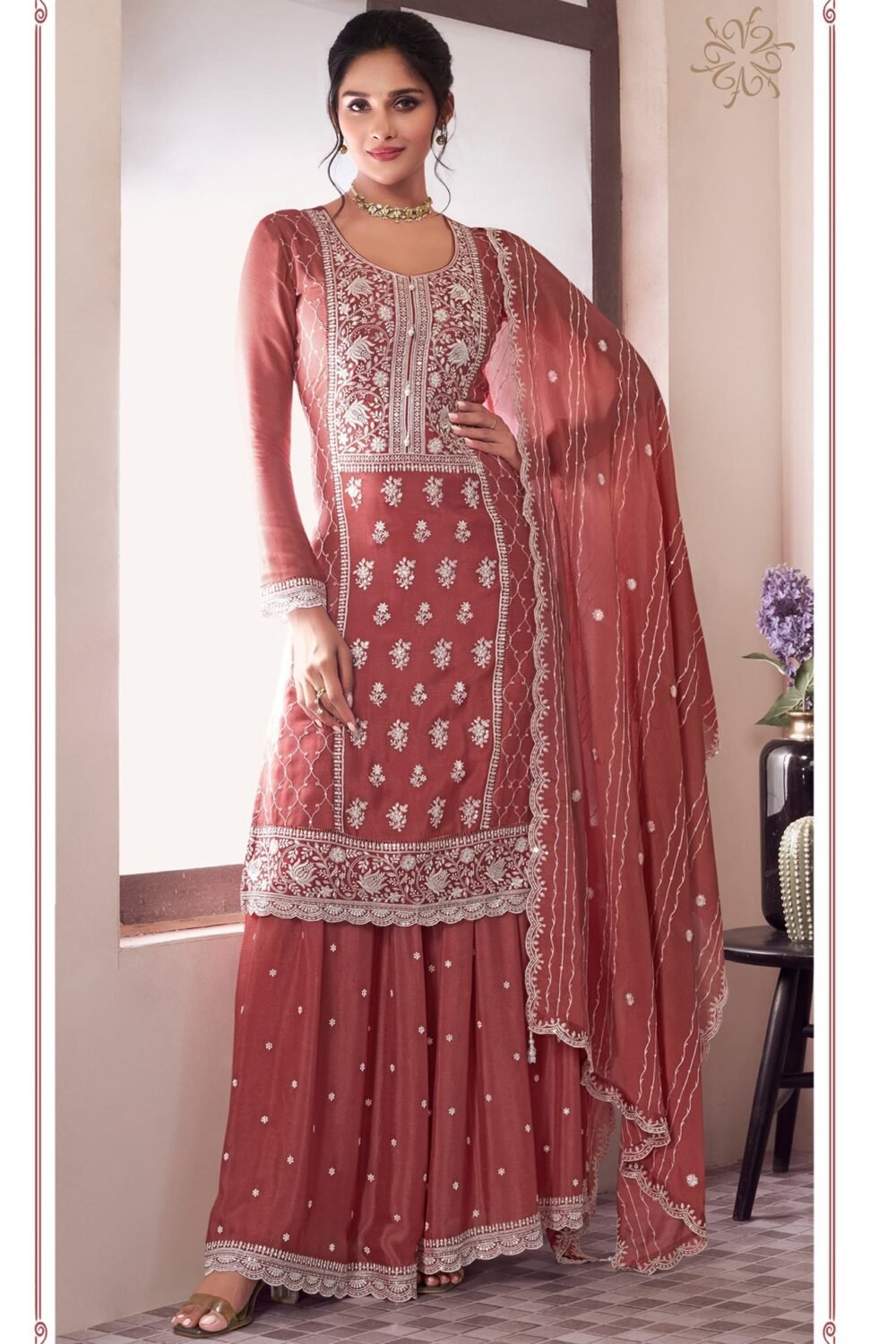 Red Chinnon Silk Women Unstitched Sharara Suit With Embroidered Dupatta