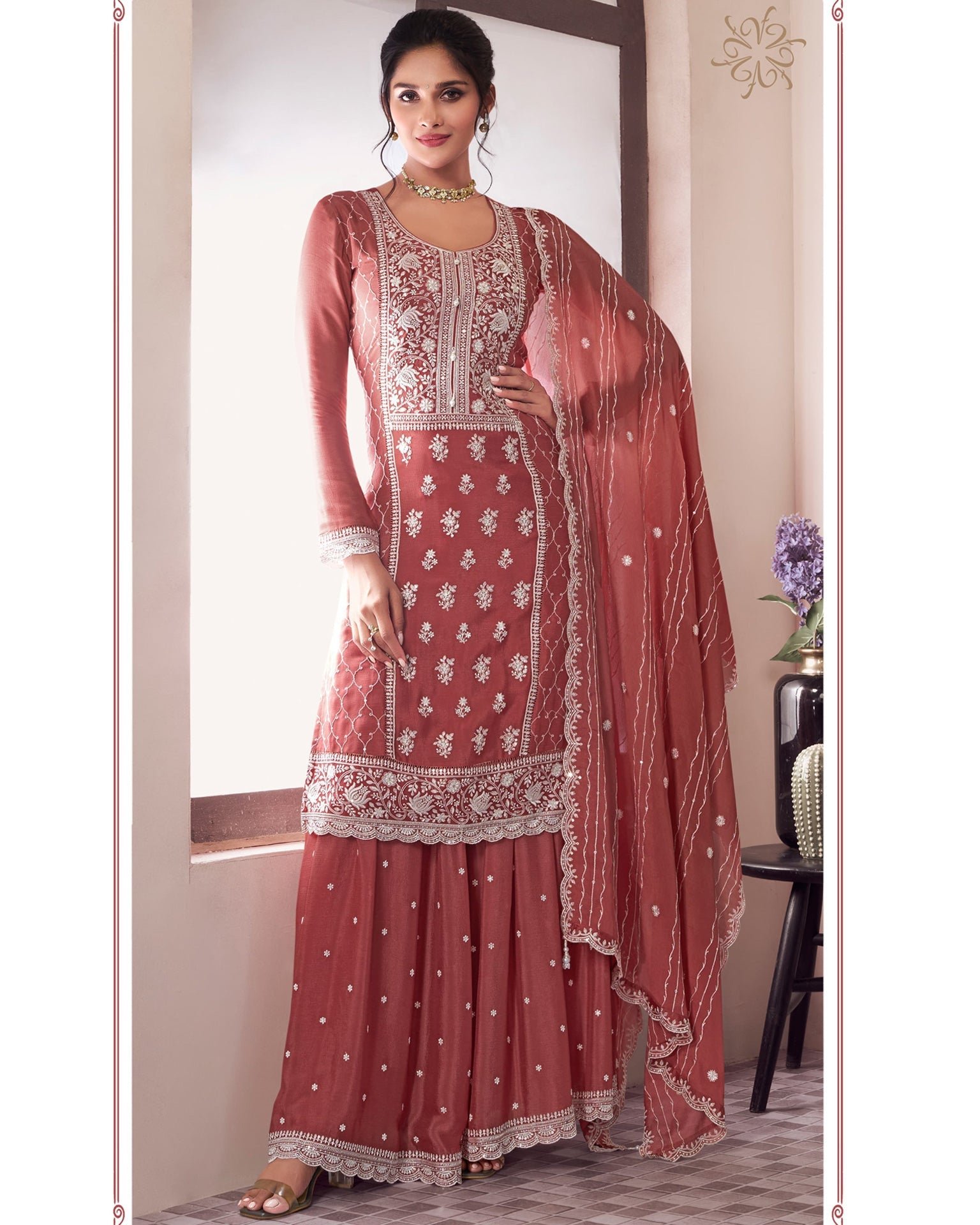 Red Chinnon Silk Women Unstitched Sharara Suit With Embroidered Dupatta