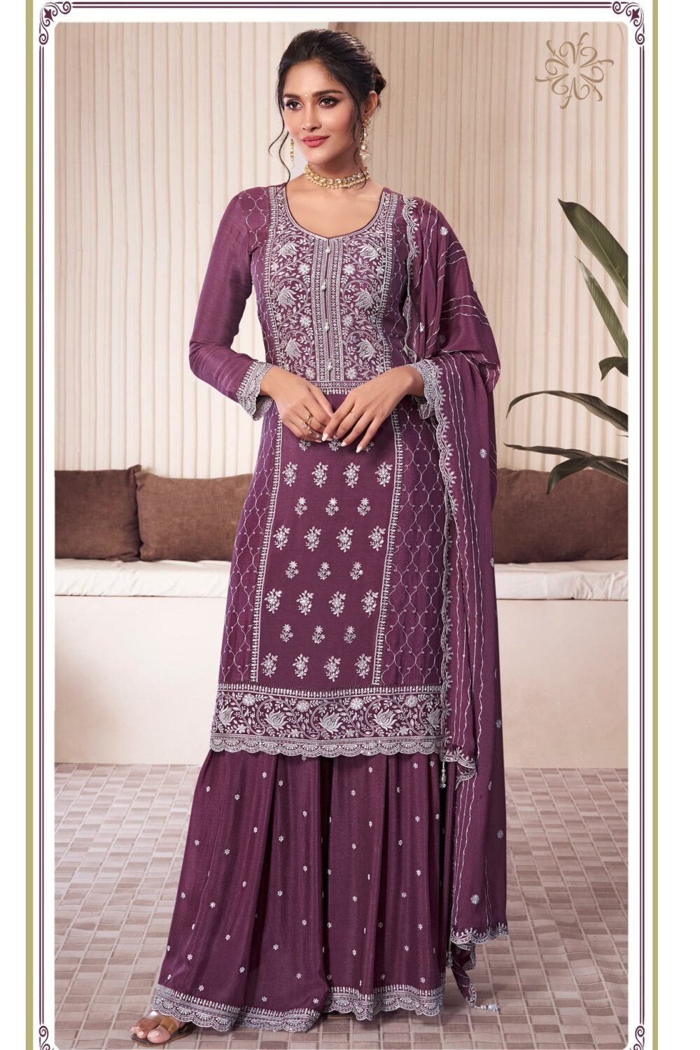 Purple Chinnon Silk Women Unstitched Sharara Suit With Embroidered Dupatta
