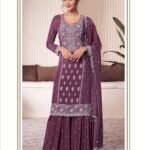 Purple Chinnon Silk Women Unstitched Sharara Suit With Embroidered Dupatta