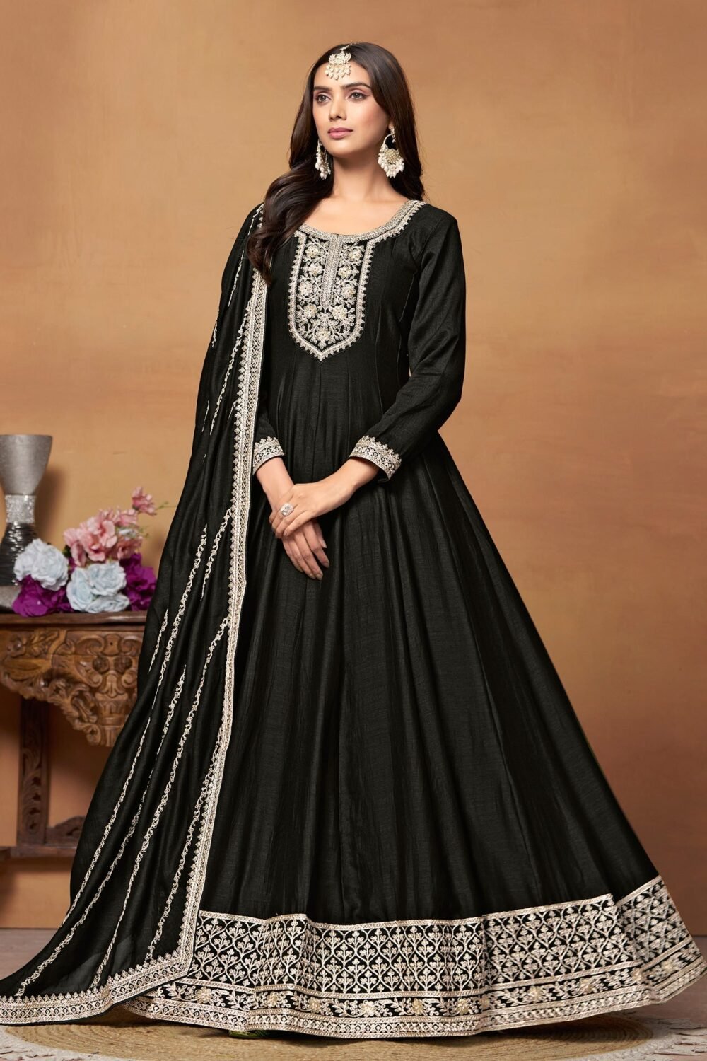 Black Zari Work Anarkali Suit In Art Silk Fabric With Embroidered Art Silk Dupatta