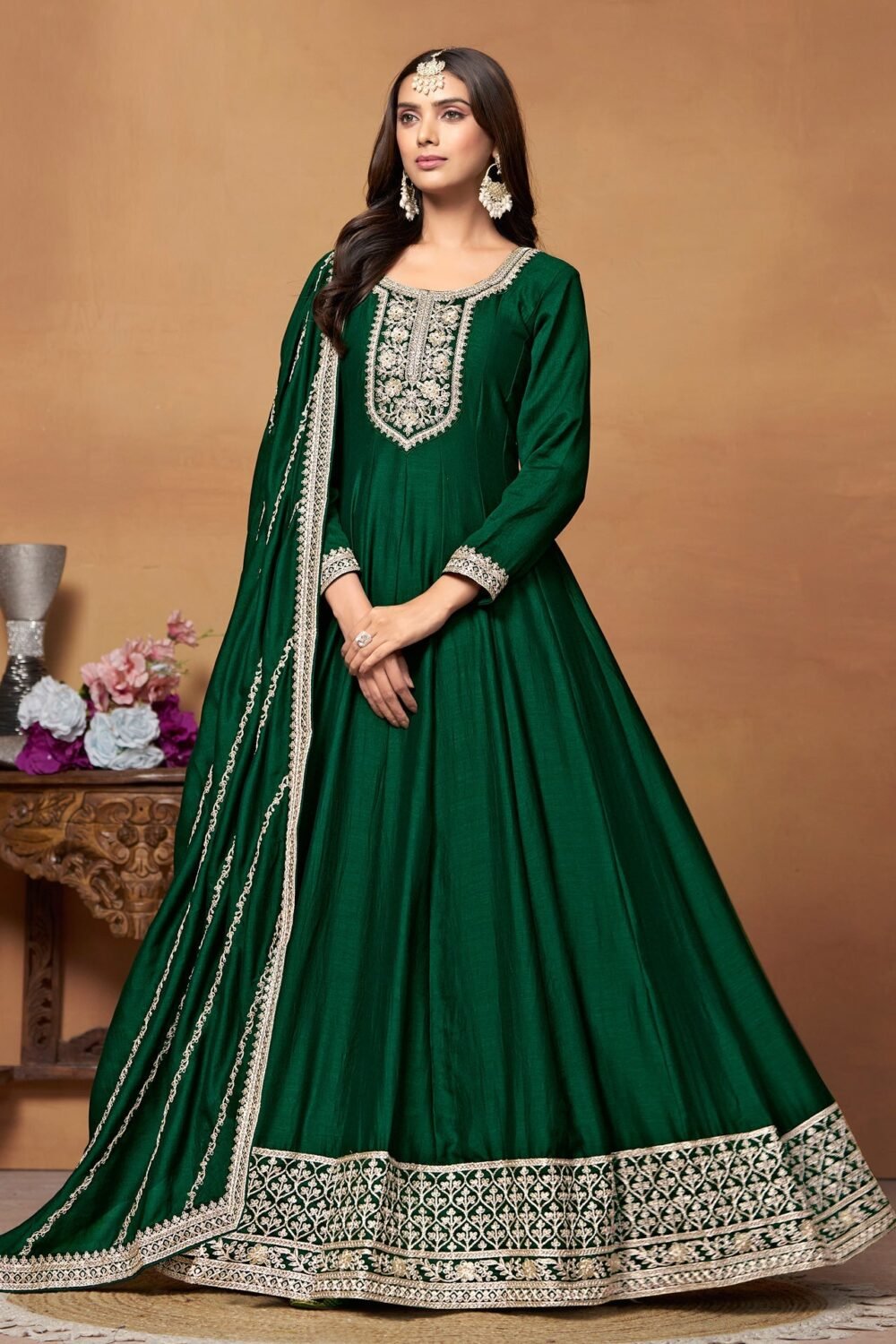 Green Zari Work Anarkali Suit In Art Silk Fabric With Embroidered Art Silk Dupatta