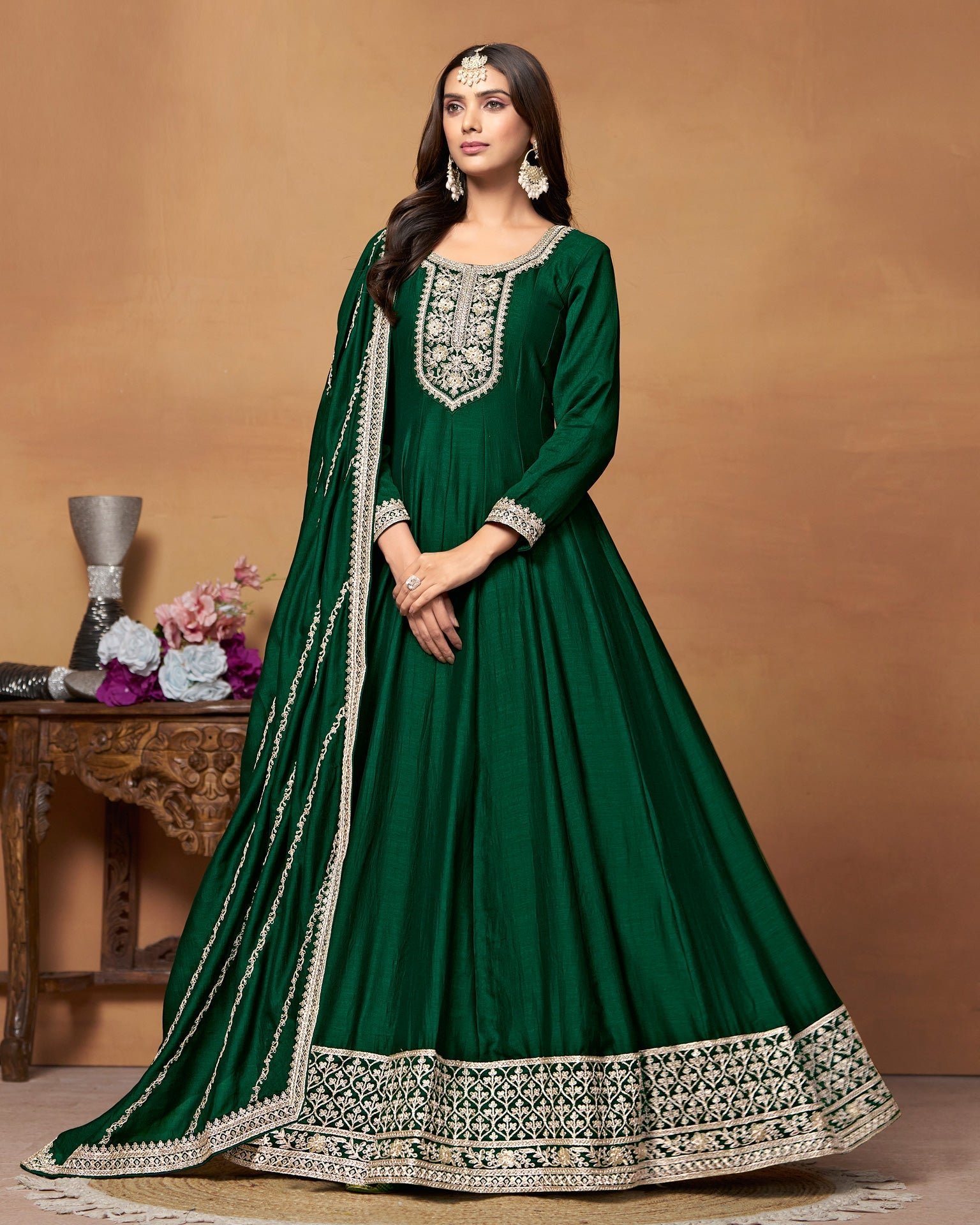 Green Zari Work Anarkali Suit In Art Silk Fabric With Embroidered Art Silk Dupatta