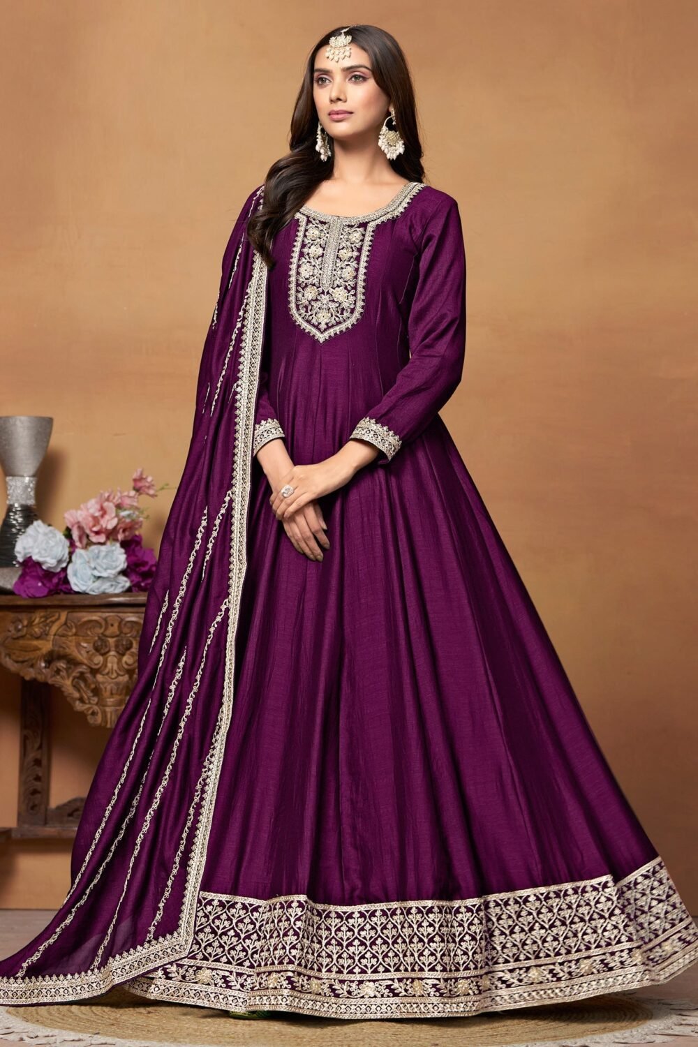 Purple Zari Work Anarkali Suit In Art Silk Fabric With Embroidered Art Silk Dupatta