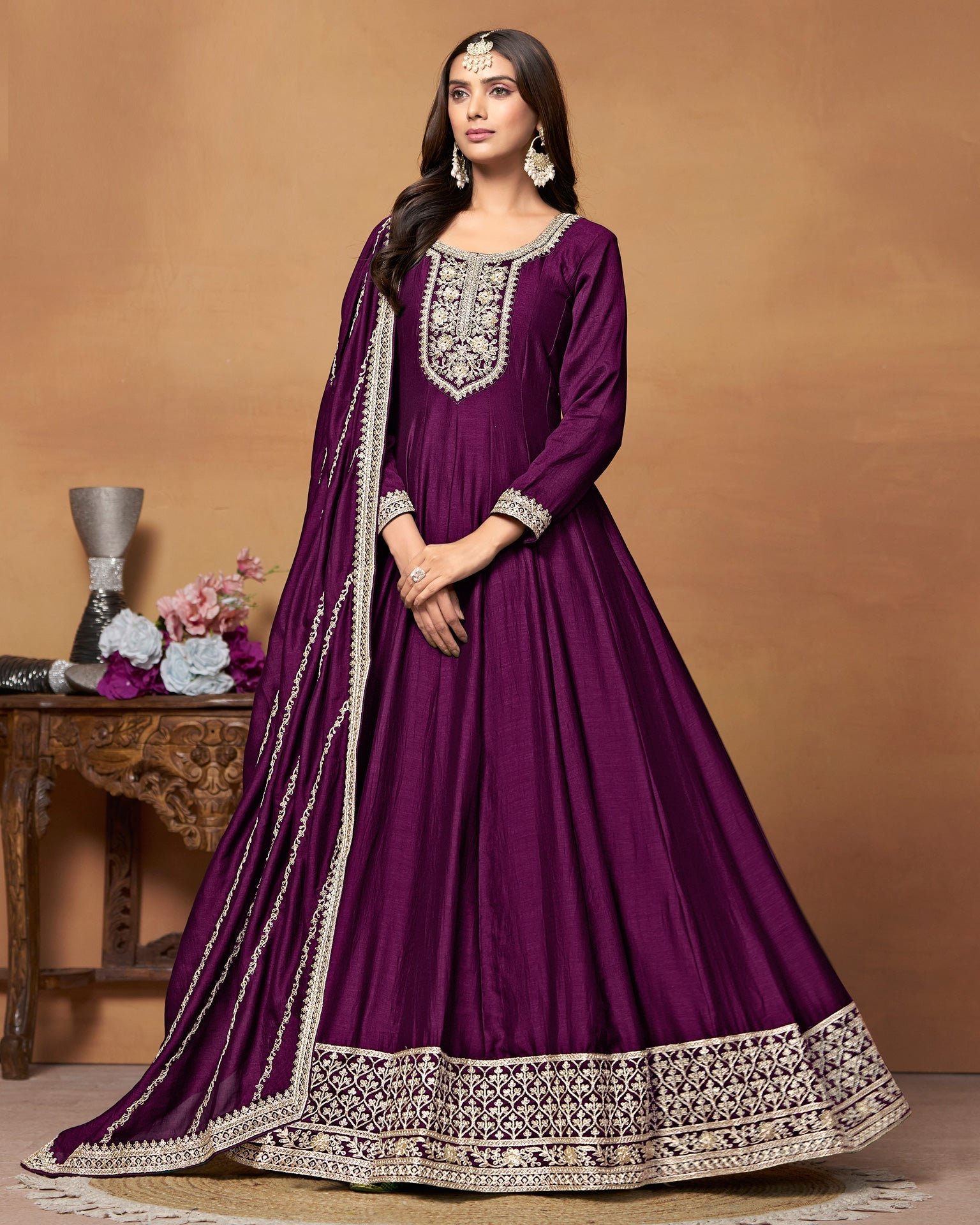 Purple Zari Work Anarkali Suit In Art Silk Fabric With Embroidered Art Silk Dupatta