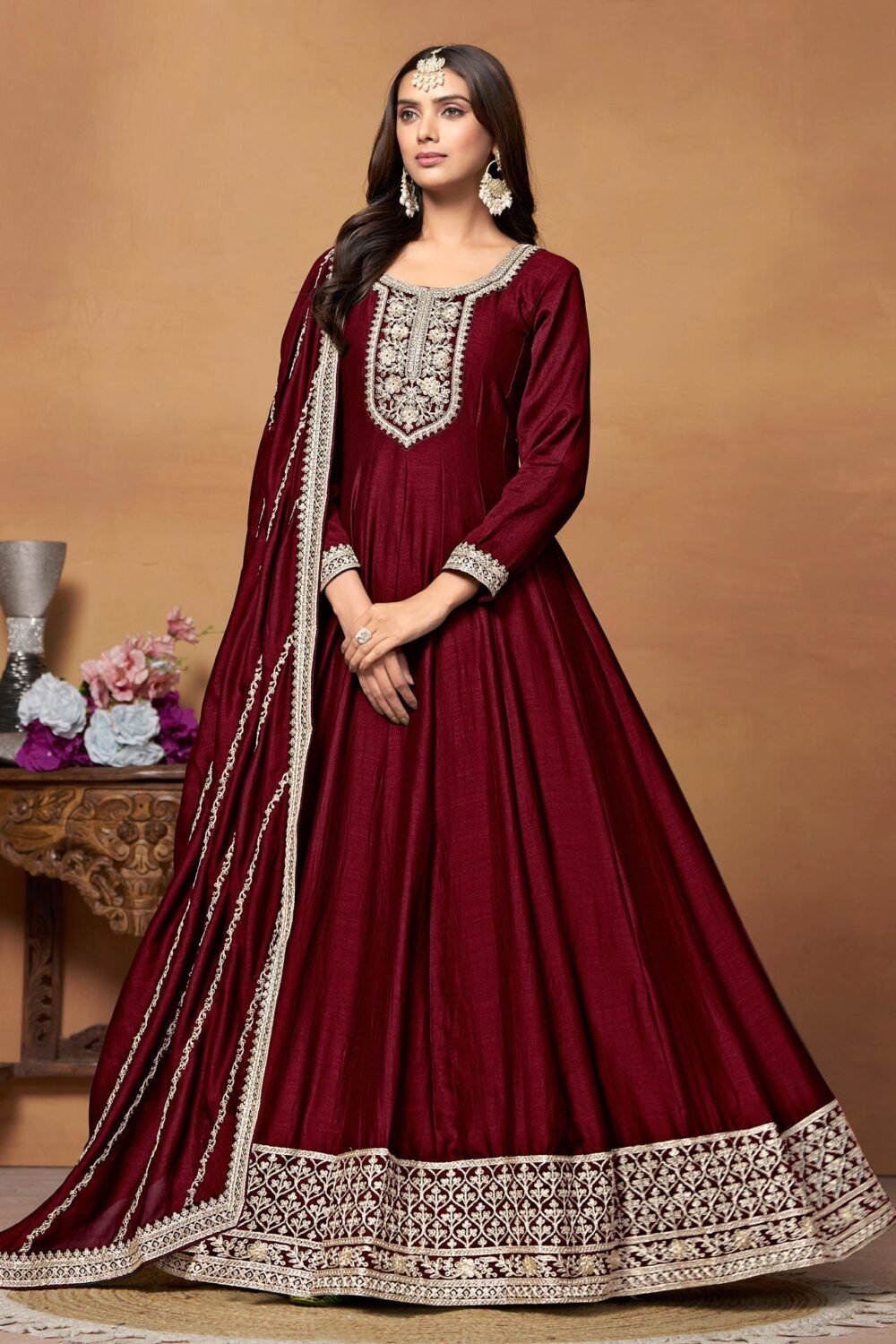 Maroon Zari Work Anarkali Suit In Art Silk Fabric With Embroidered Art Silk Dupatta
