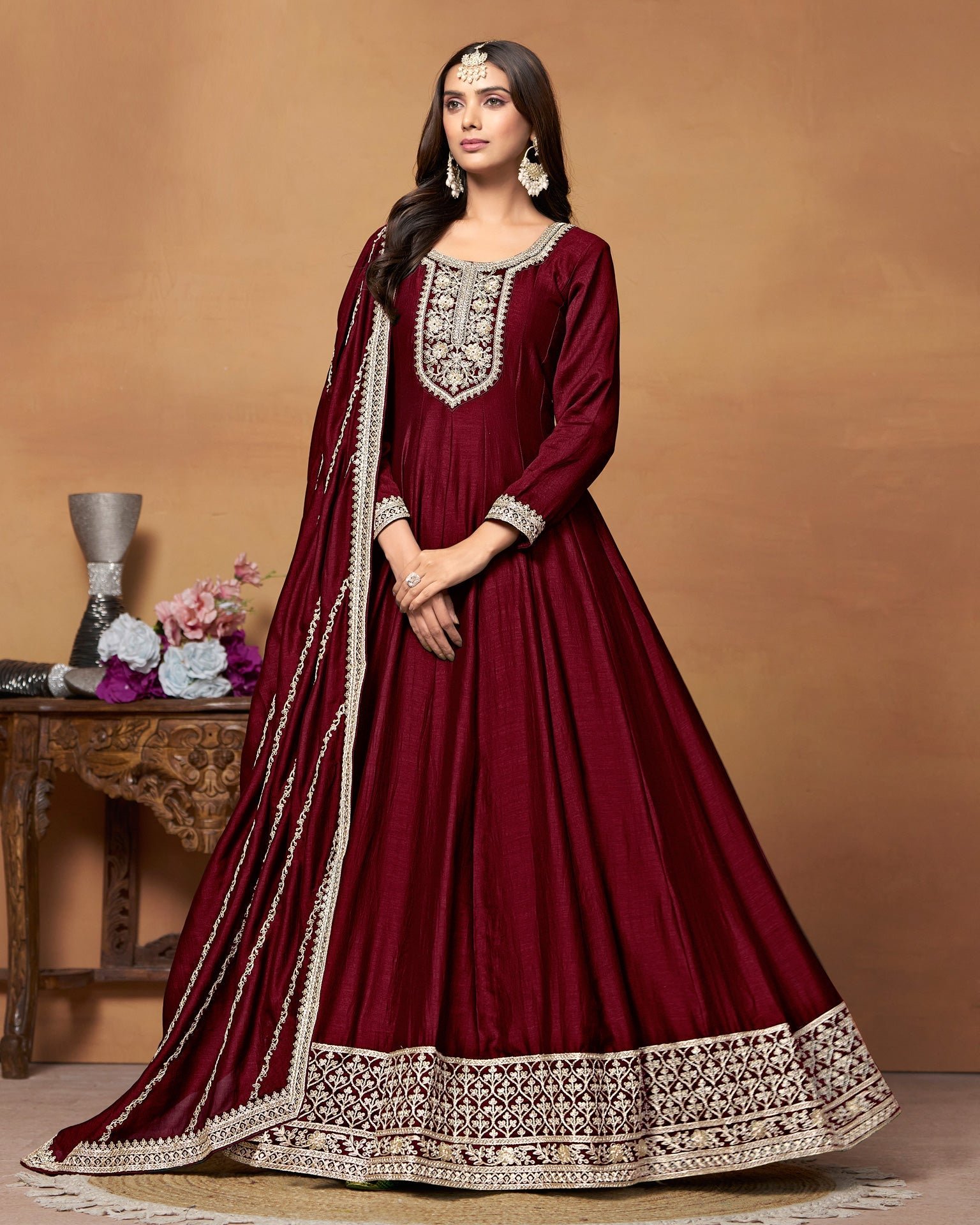 Maroon Zari Work Anarkali Suit In Art Silk Fabric With Embroidered Art Silk Dupatta