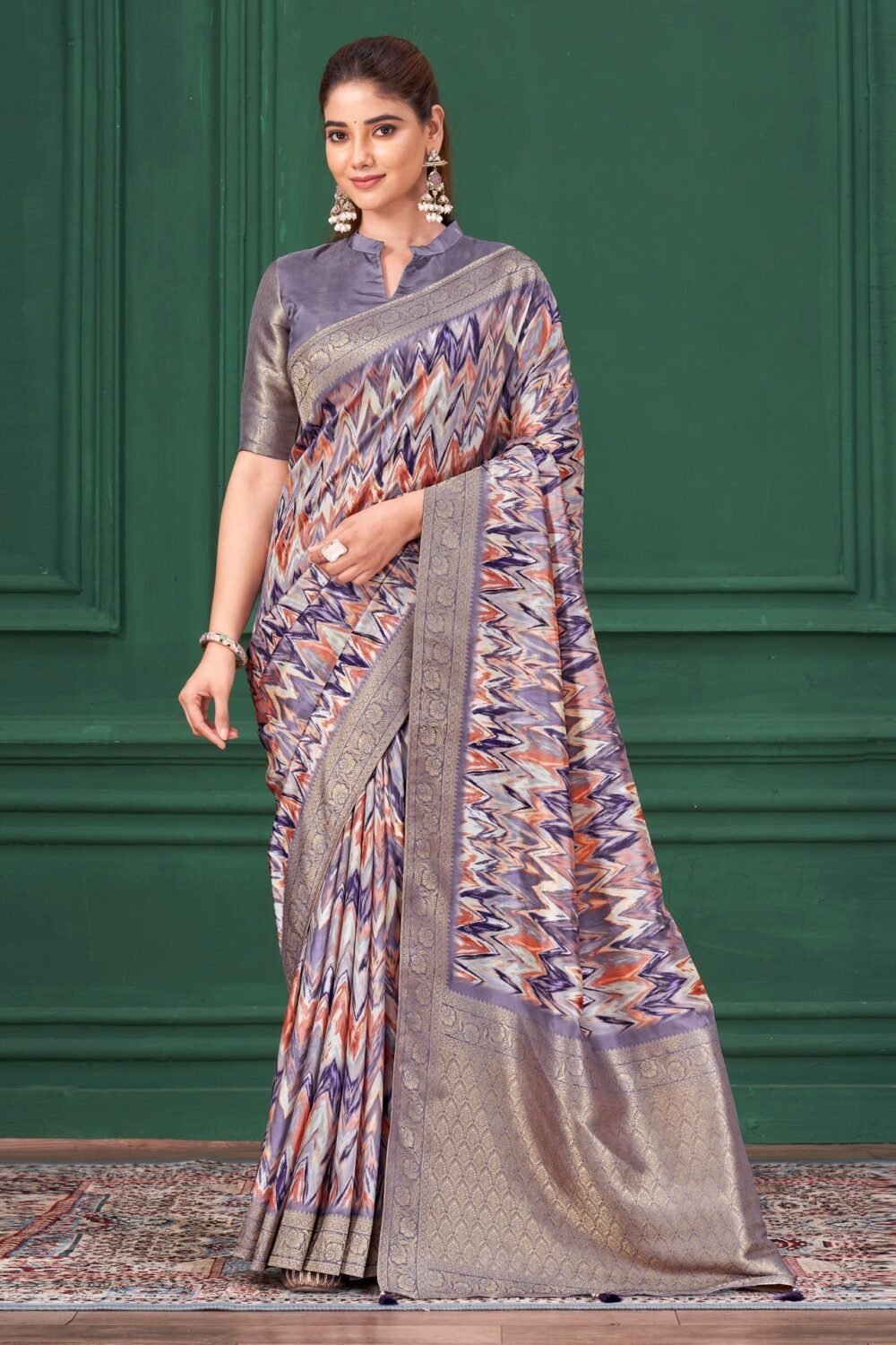Purple Tussar Silk Jacquard Digital Print Woman Saree with Unstitched Blouse