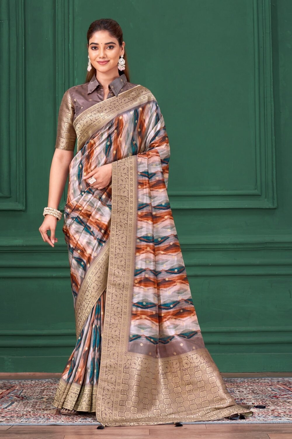 Lilac Purple Tussar Silk Jacquard Digital Print Woman Saree with Unstitched Blouse