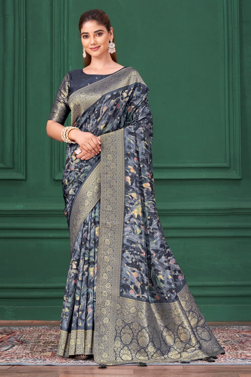 Blue Tussar Silk Jacquard Digital Print Woman Saree with Unstitched Blouse