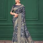 Blue Tussar Silk Jacquard Digital Print Woman Saree with Unstitched Blouse