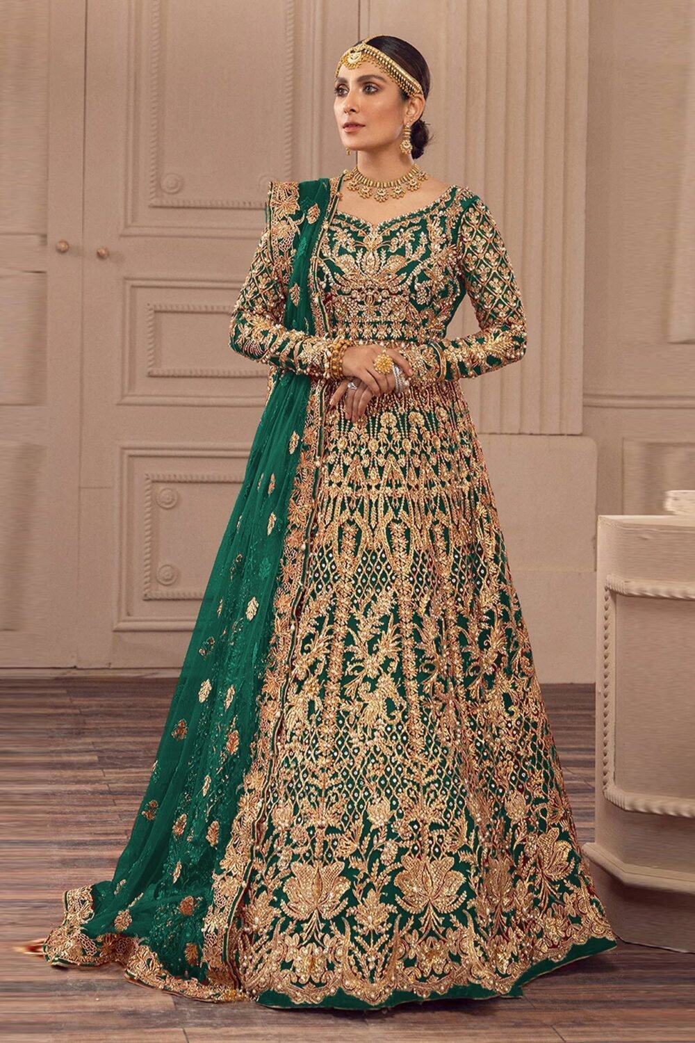 Green Zari & Diamond Work Women Unstitched Anarkali Gown