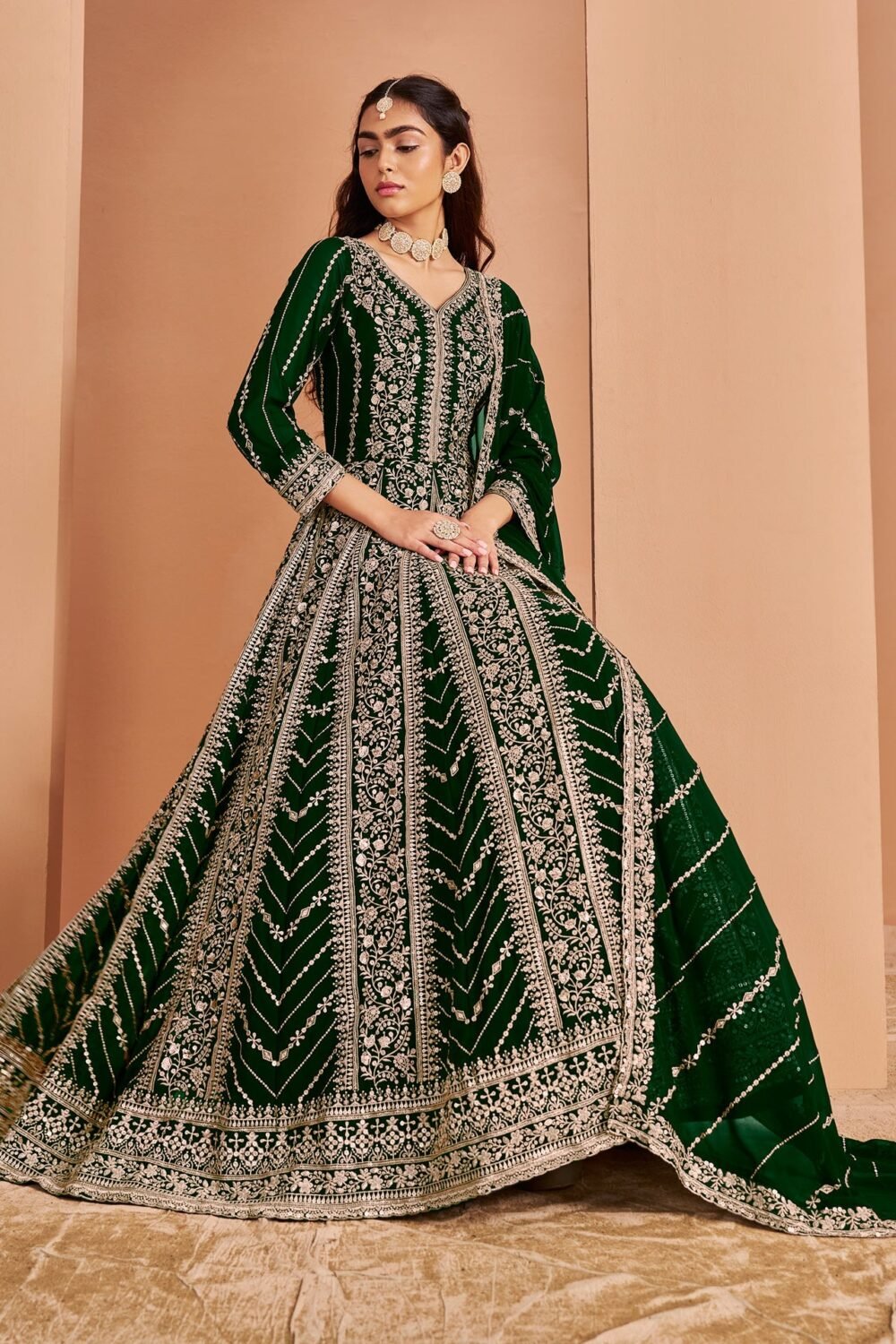 Green Zari Sequins Work Faux Georgette Women Unstitched Anarkali Suit