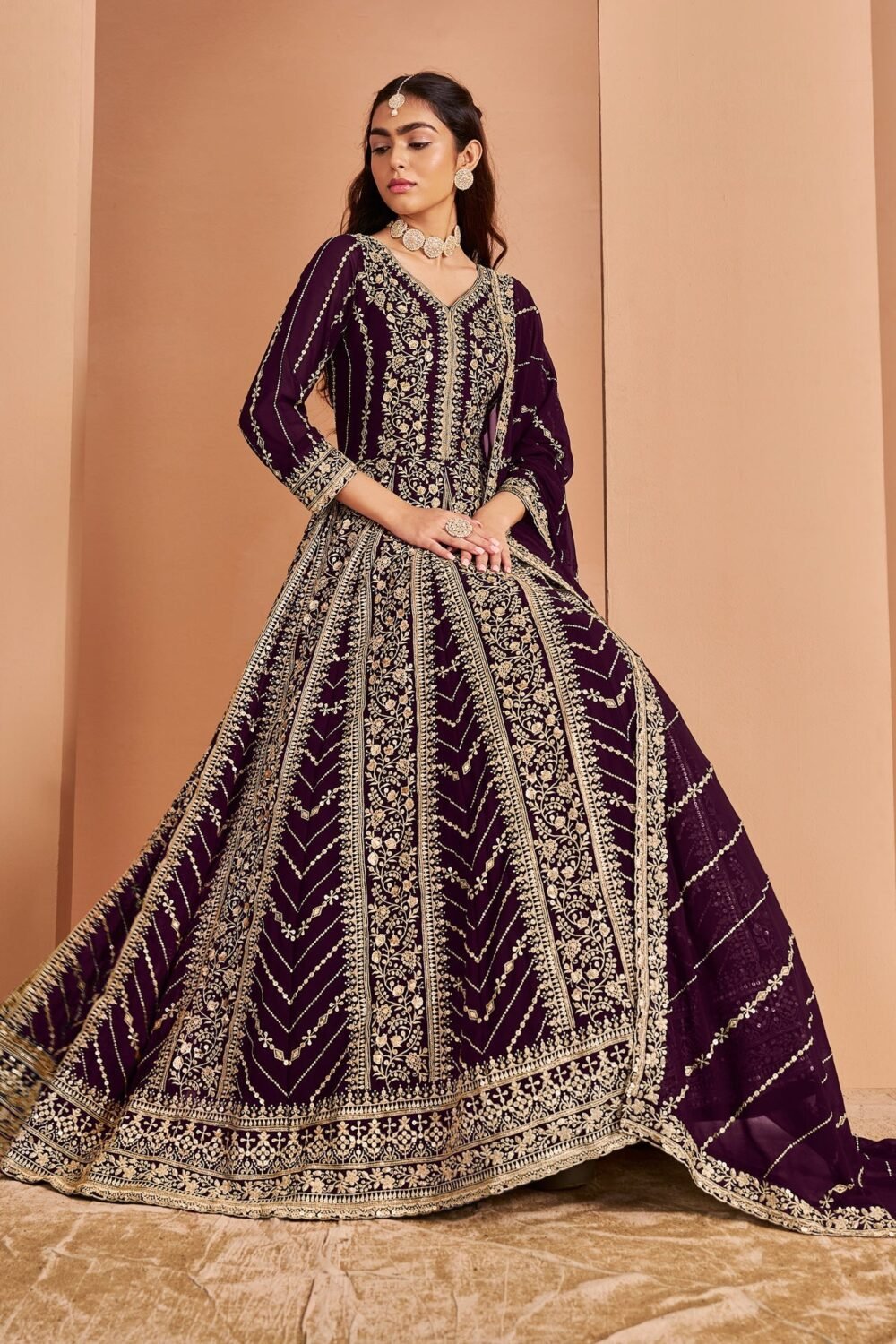 Purple Zari Sequins Work Faux Georgette Women Unstitched Anarkali Suit