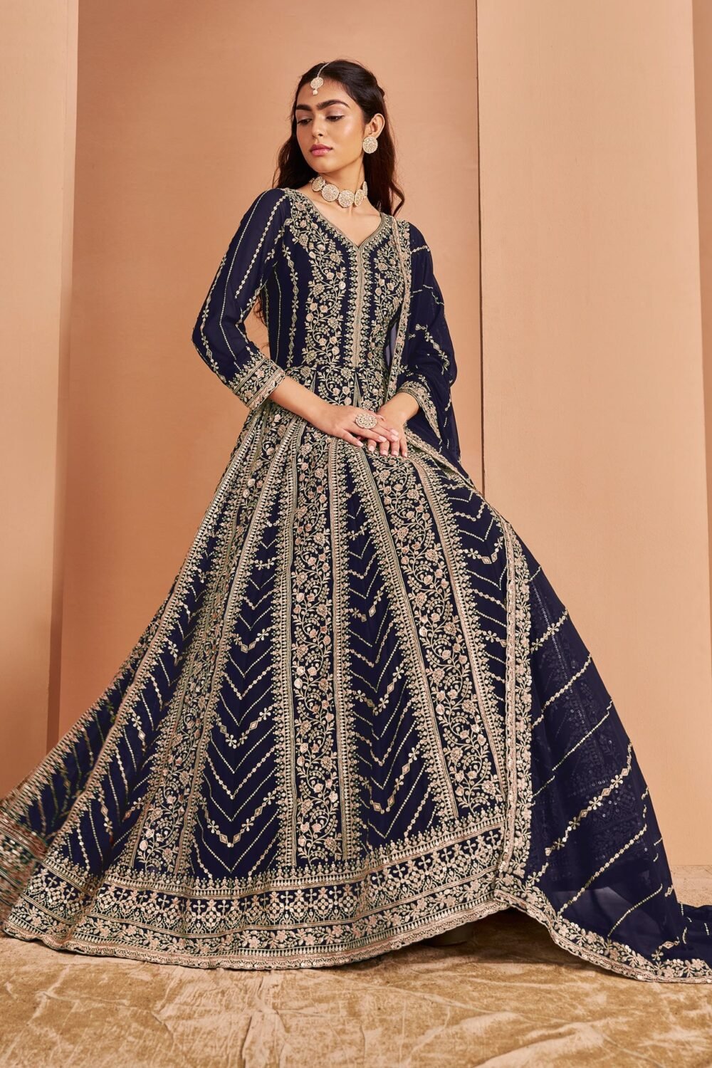 Blue Zari Sequins Work Faux Georgette Women Unstitched Anarkali Suit