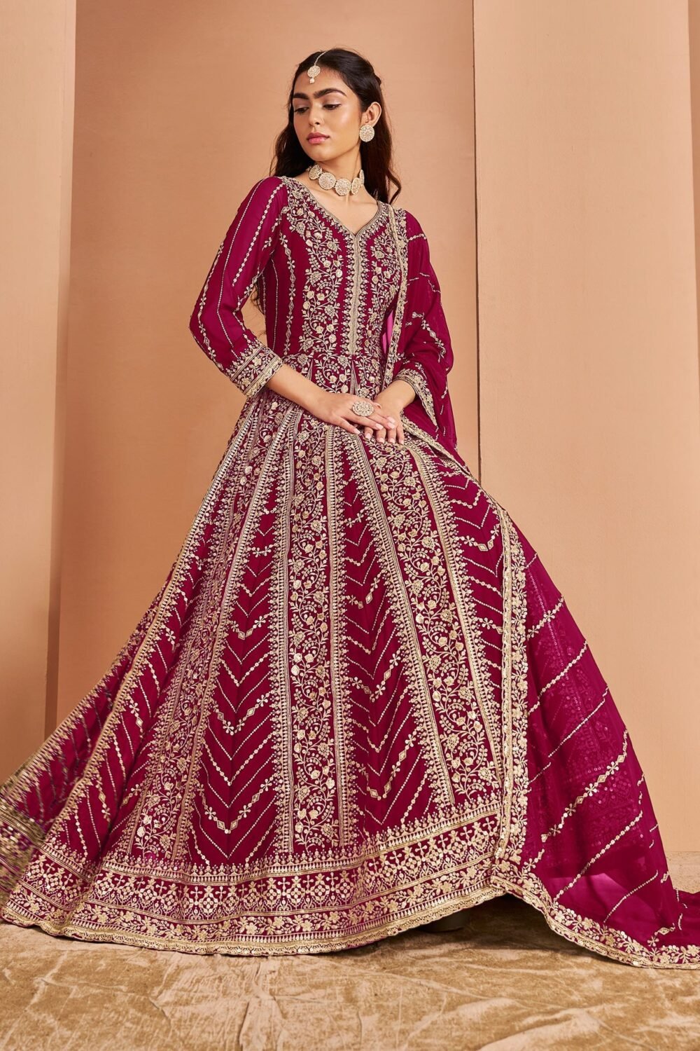 Magenta Zari Sequins Work Faux Georgette Women Unstitched Anarkali Suit