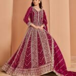 Magenta Zari Sequins Work Faux Georgette Women Unstitched Anarkali Suit