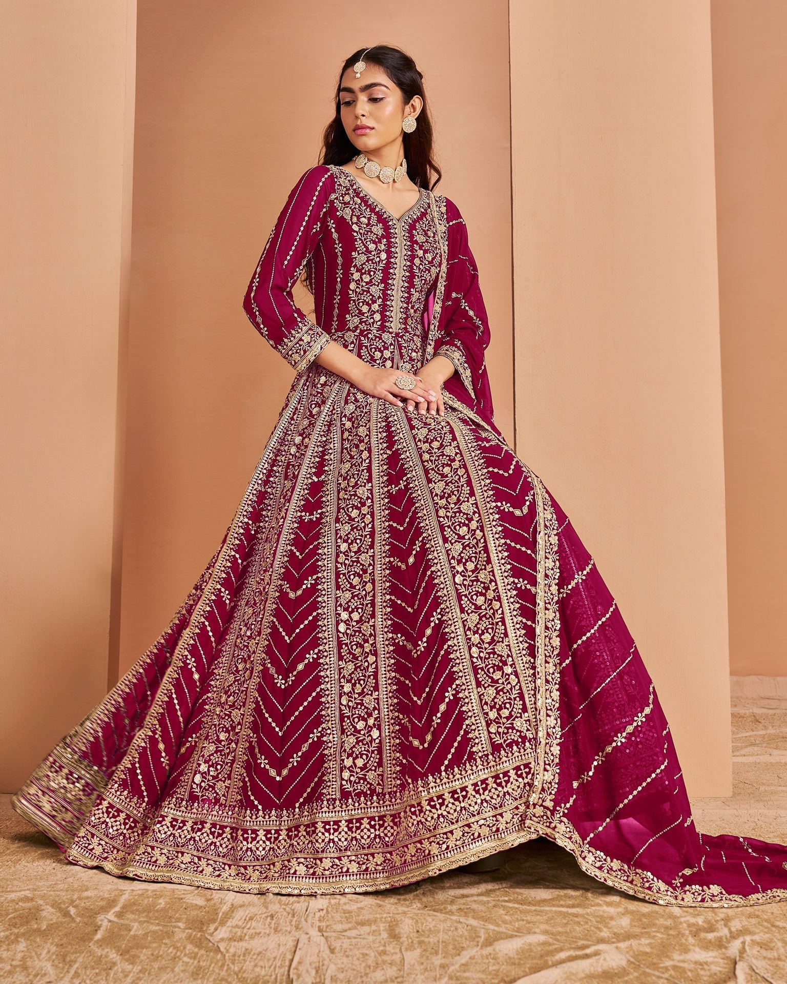 Magenta Zari Sequins Work Faux Georgette Women Unstitched Anarkali Suit