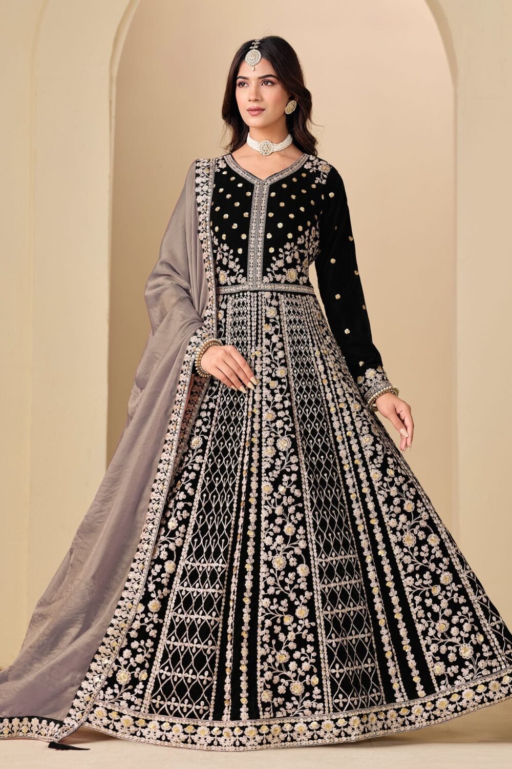 Black Zari Work Women Unstitched Velvet Anarkali Suit