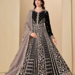 Black Zari Work Women Unstitched Velvet Anarkali Suit