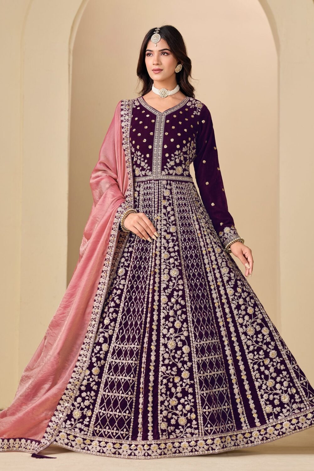 Purple Zari Work Women Unstitched Velvet Anarkali Suit
