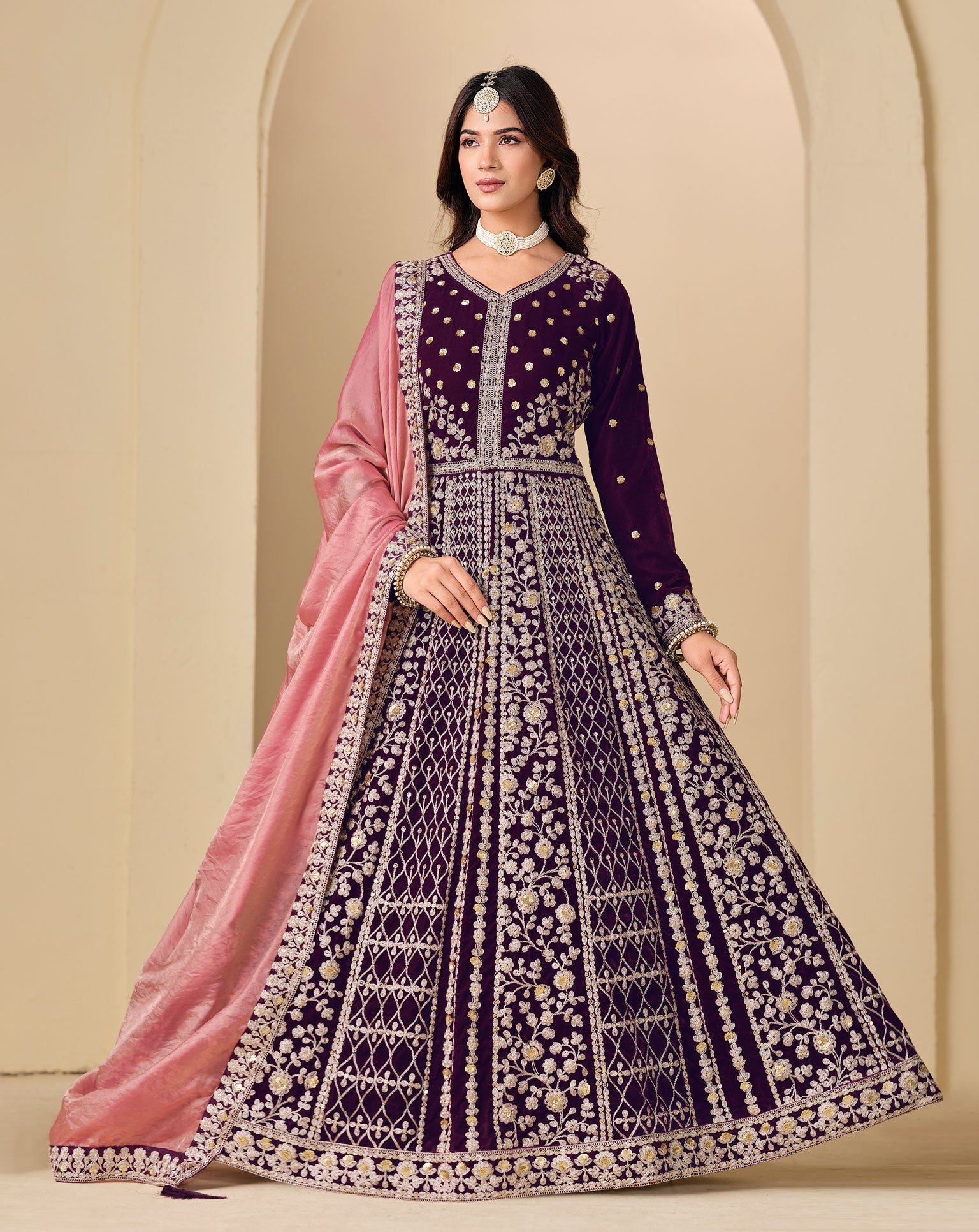 Purple Zari Work Women Unstitched Velvet Anarkali Suit