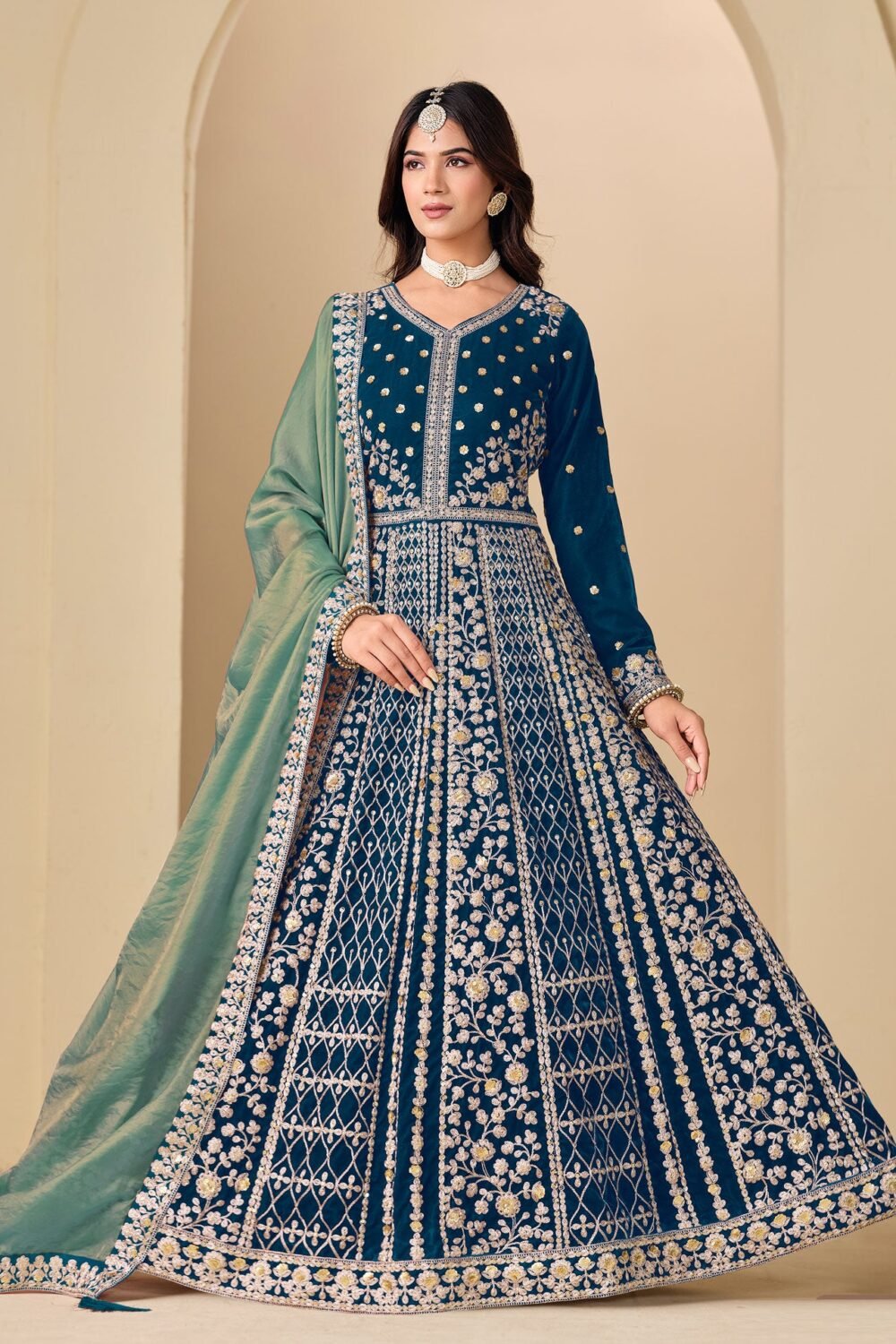 Blue Zari Work Women Unstitched Velvet Anarkali Suit
