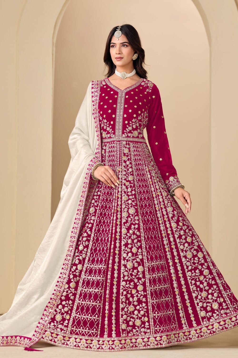 Red Zari Work Women Unstitched Velvet Anarkali Suit