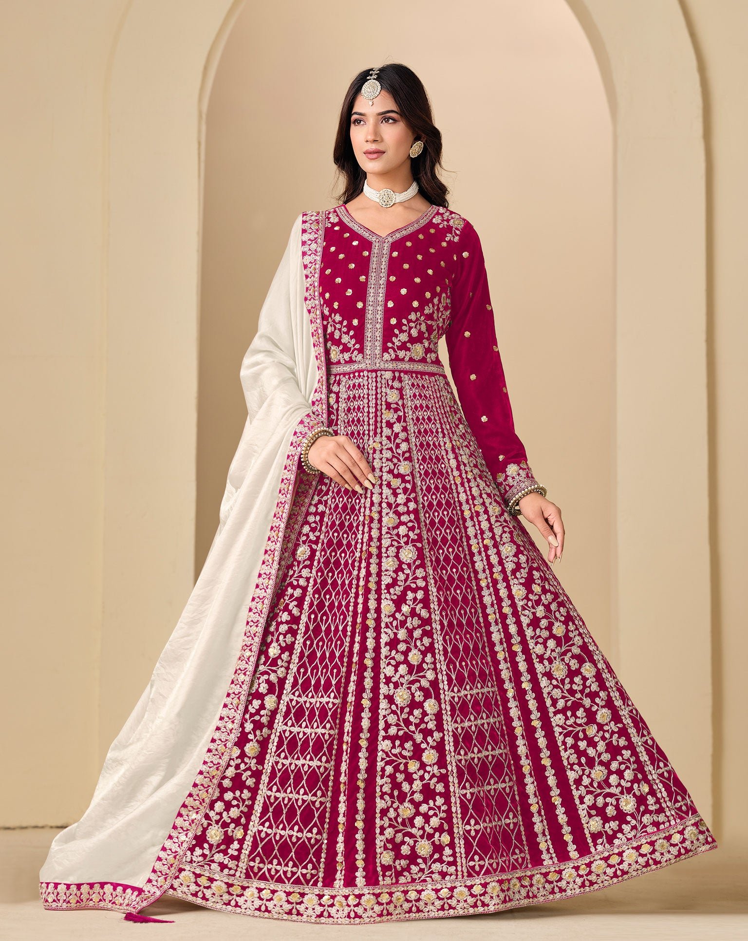 Red Zari Work Women Unstitched Velvet Anarkali Suit