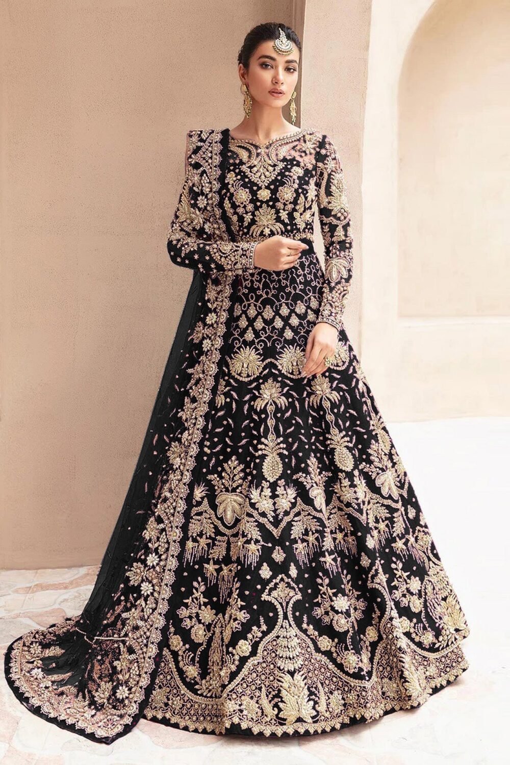 Black Zari & Diamond Work Women Unstitched Anarkali Wedding Gown