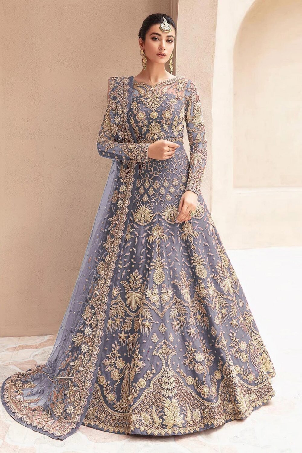 Lavender Zari & Diamond Work Women Unstitched Anarkali Wedding Gown