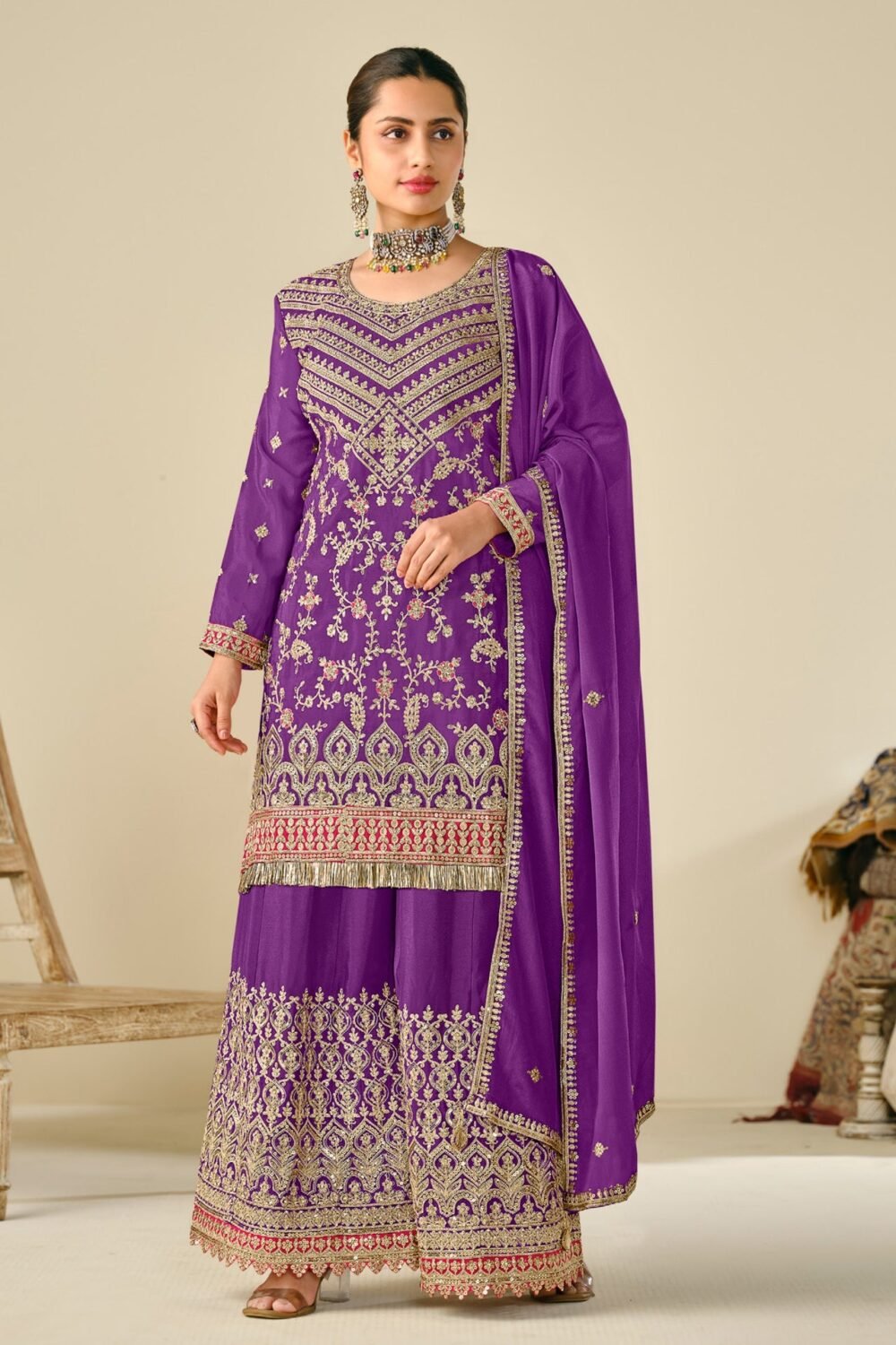 Purple Chinnon Silk Zari Sequins & Thread Embroidery Work Women Readymade Palazzo Suit