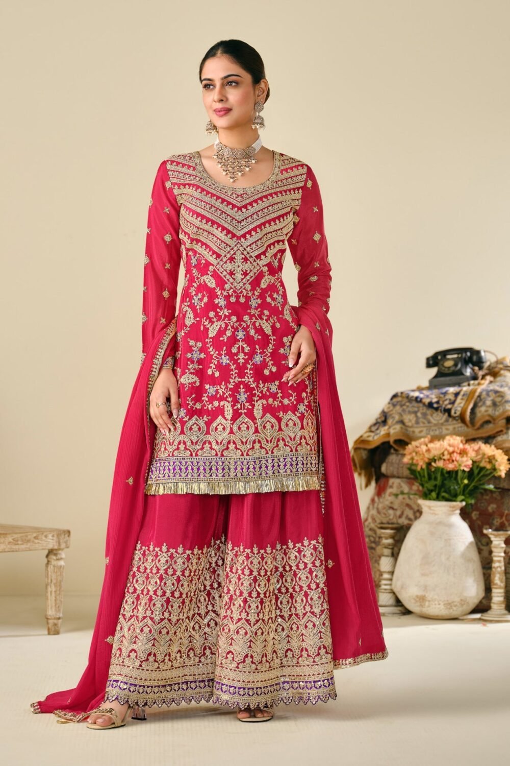 Red Chinnon Silk Zari Sequins & Thread Embroidery Work Women Readymade Palazzo Suit