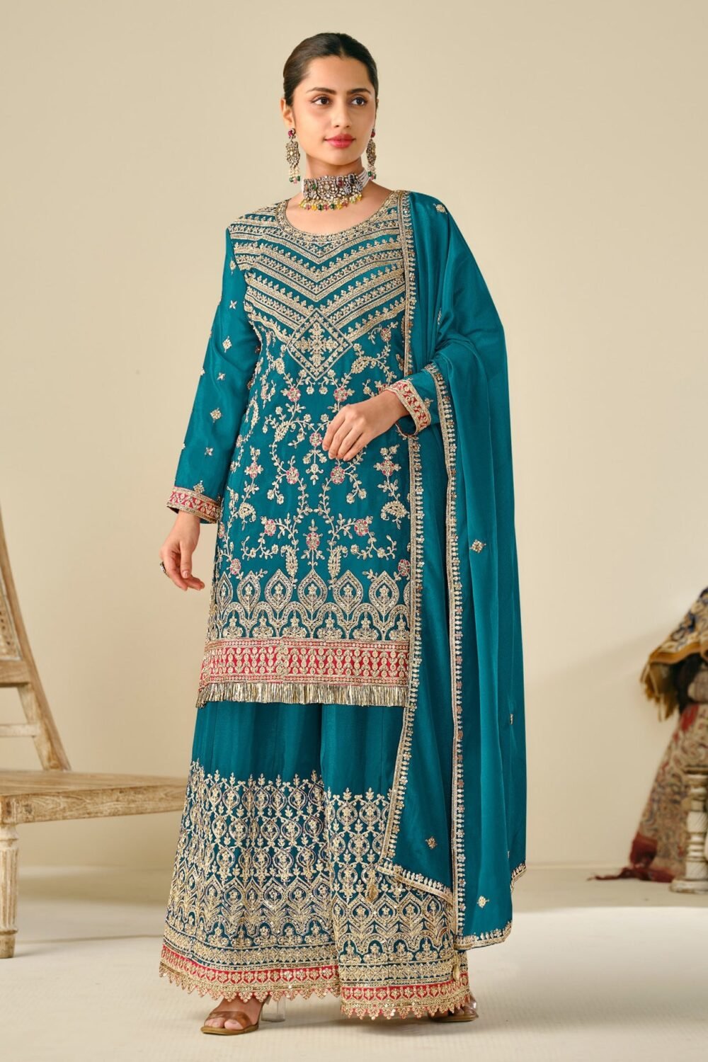 Blue Chinnon Silk Zari Sequins & Thread Embroidery Work Women Readymade Palazzo Suit