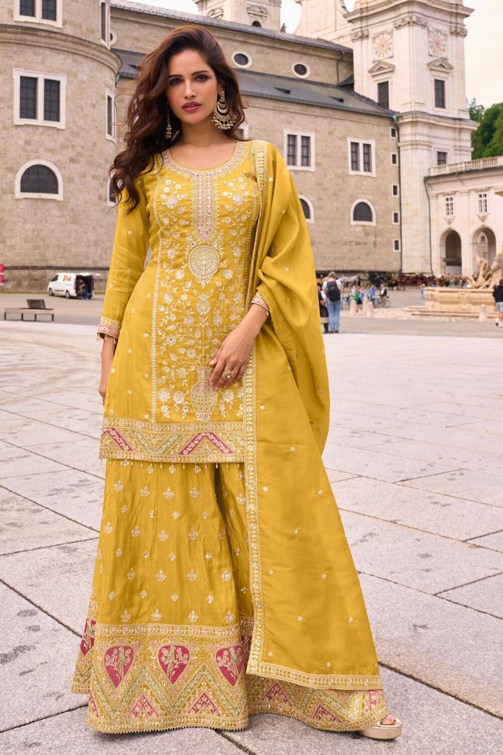 Yellow Simar Silk Readymade Woman Palazzo Suit With Silk Dupatta