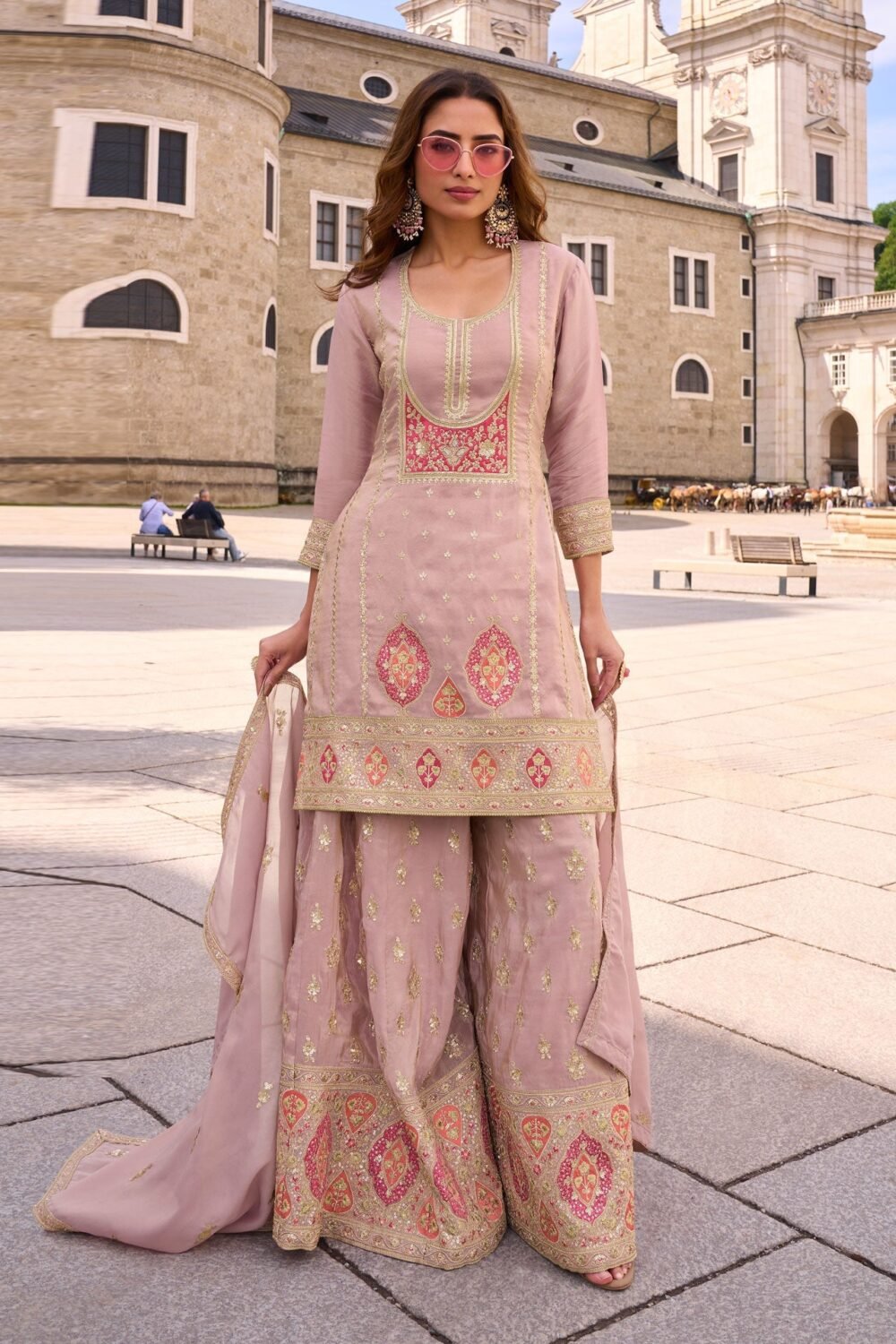 Pink Simar Silk Readymade Woman Palazzo Suit With Silk Dupatta