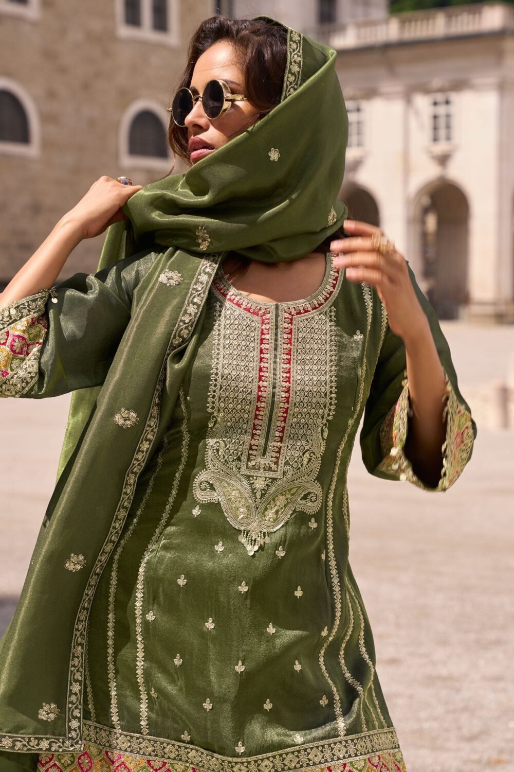 Dark Green Simar Silk Readymade Woman Palazzo Suit With Silk Dupatta