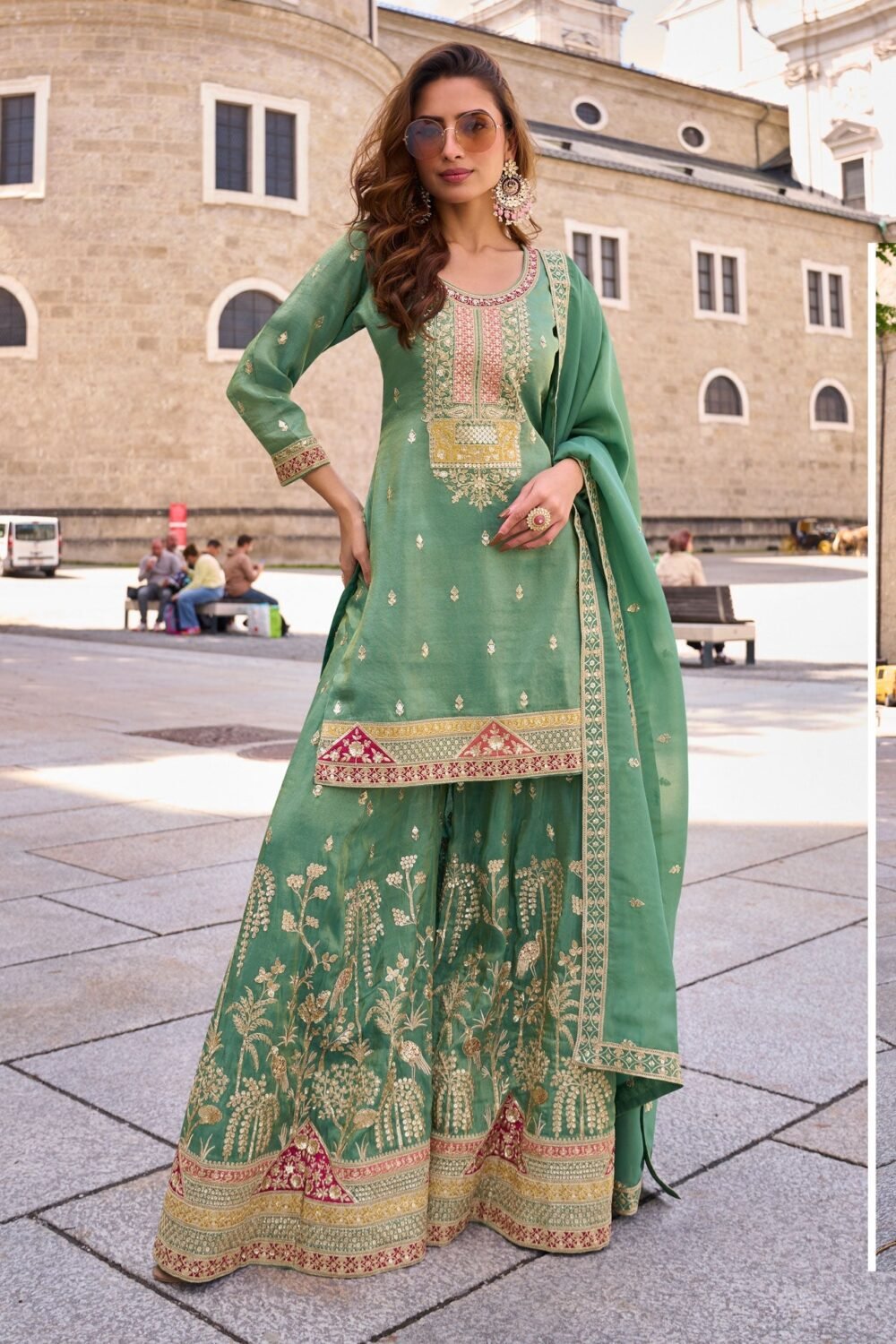Pista Green Simar Silk Readymade Woman Palazzo Suit With Silk Dupatta