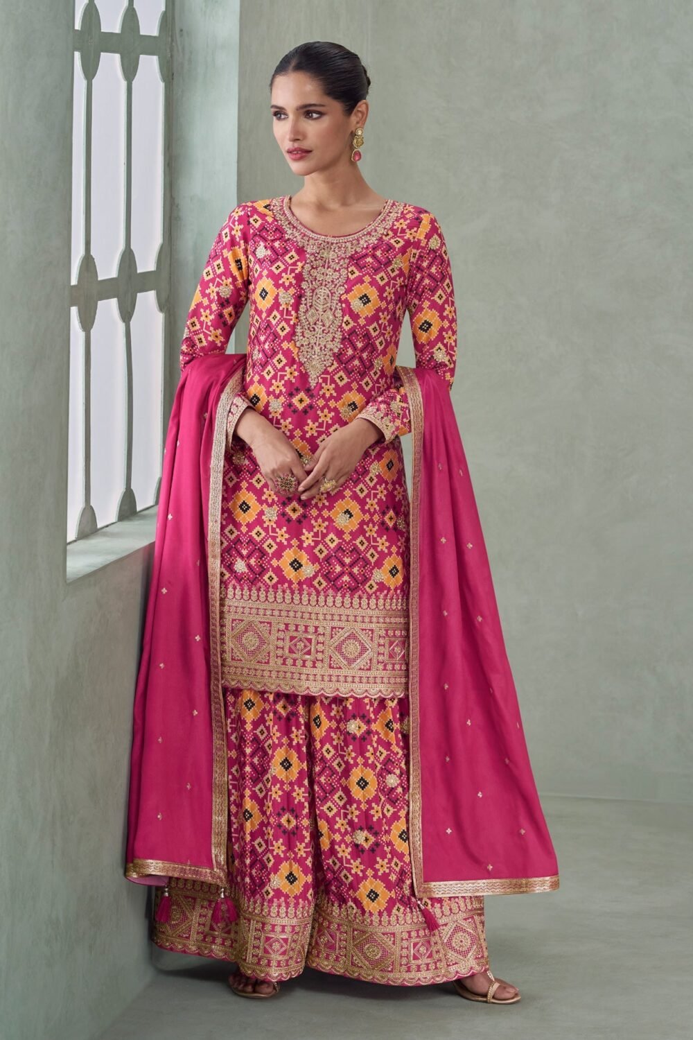 Pink Chinnon Silk Zari Sequins Work Digital Print Women Readymade Palazzo Suit