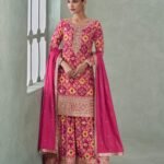 Pink Chinnon Silk Zari Sequins Work Digital Print Women Readymade Palazzo Suit