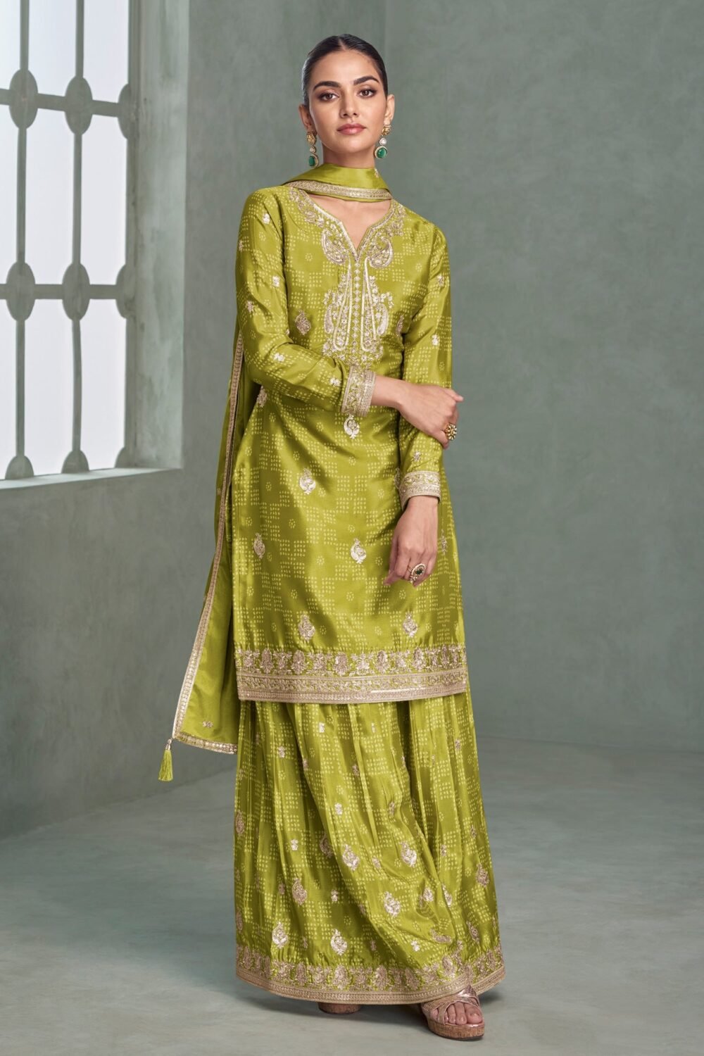 Green Chinnon Silk Zari Sequins Work Digital Print Women Readymade Palazzo Suit