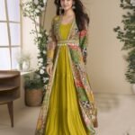 Yellow Georgette Women Readymade Anarkali Gown With Hand Work Shrug