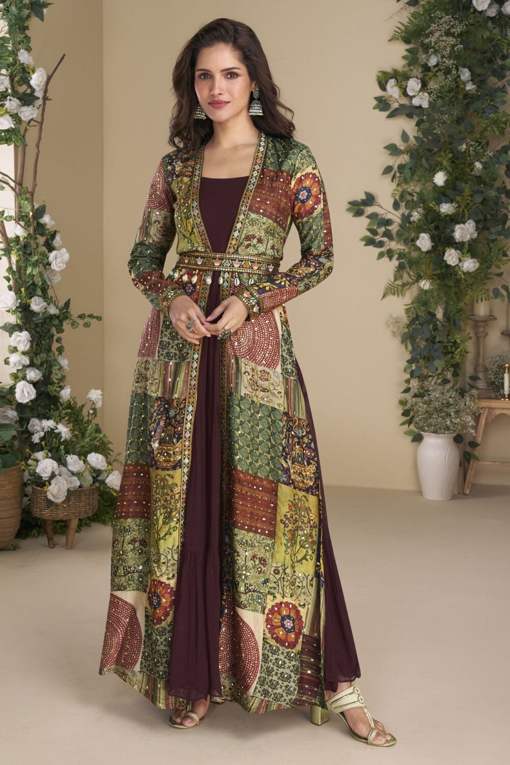 Maroon Georgette Women Readymade Anarkali Gown With Hand Work Shrug