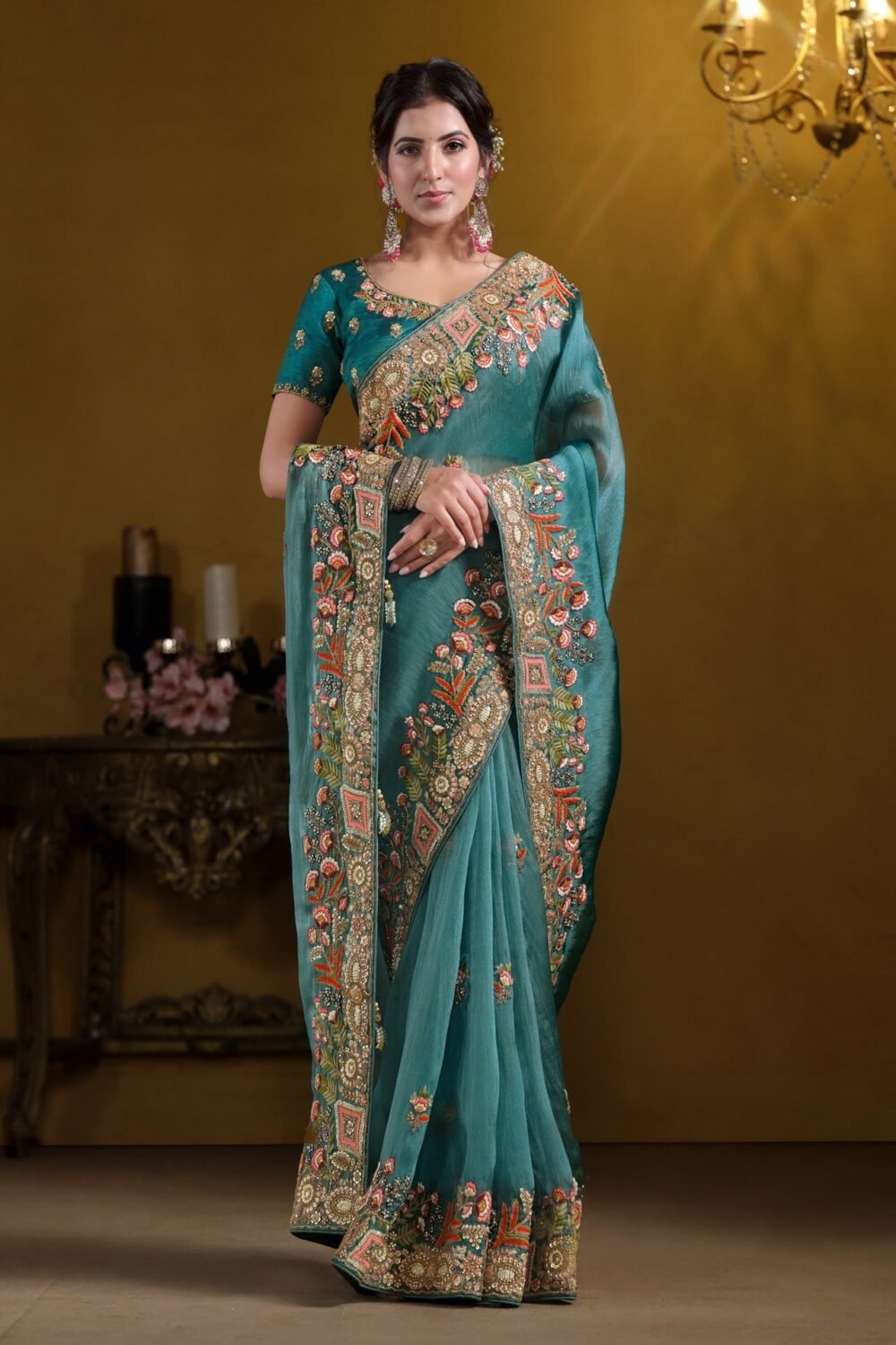 Teal Blue Pure Twill Tissue Silk Saree For Women With Unstitched Blouse