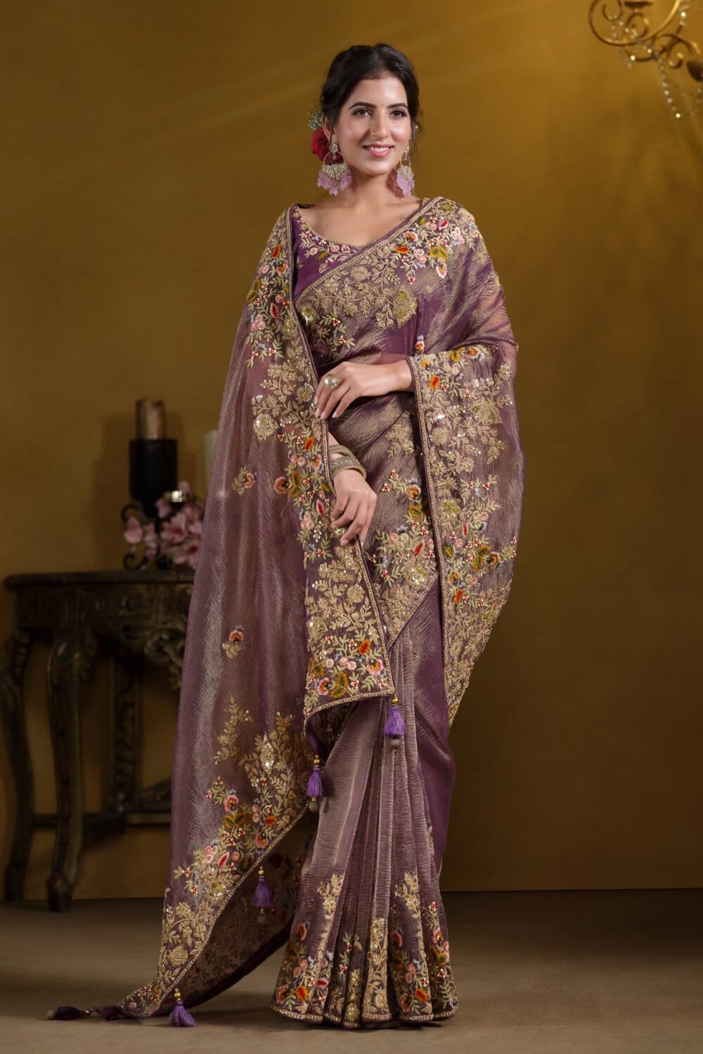 Purple Pure Crushed Banarasi Silk Saree For Women With Unstitched Blouse