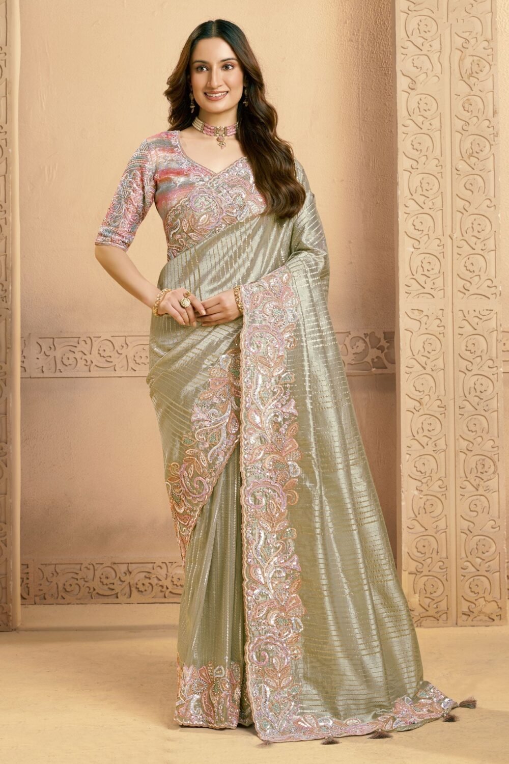 Sea Green Saree In Zari Tissue Silk For Women With Silk Blouse