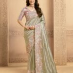 Sea Green Saree In Zari Tissue Silk For Women With Silk Blouse